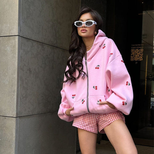 Damen lässige Kapuzenjacke mit Reißverschluss und fruchtigem Print Drune