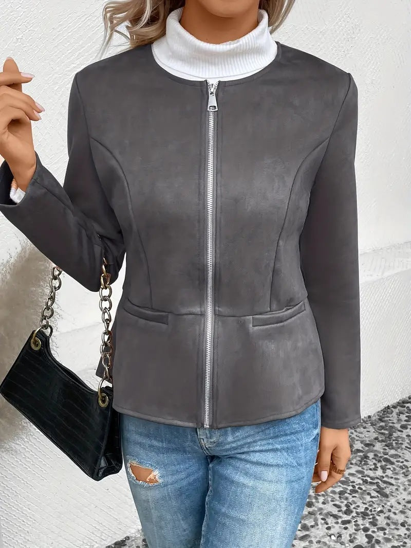 Damen modische Kunstlederjacke mit femininer Passform und Reißverschluss Drune