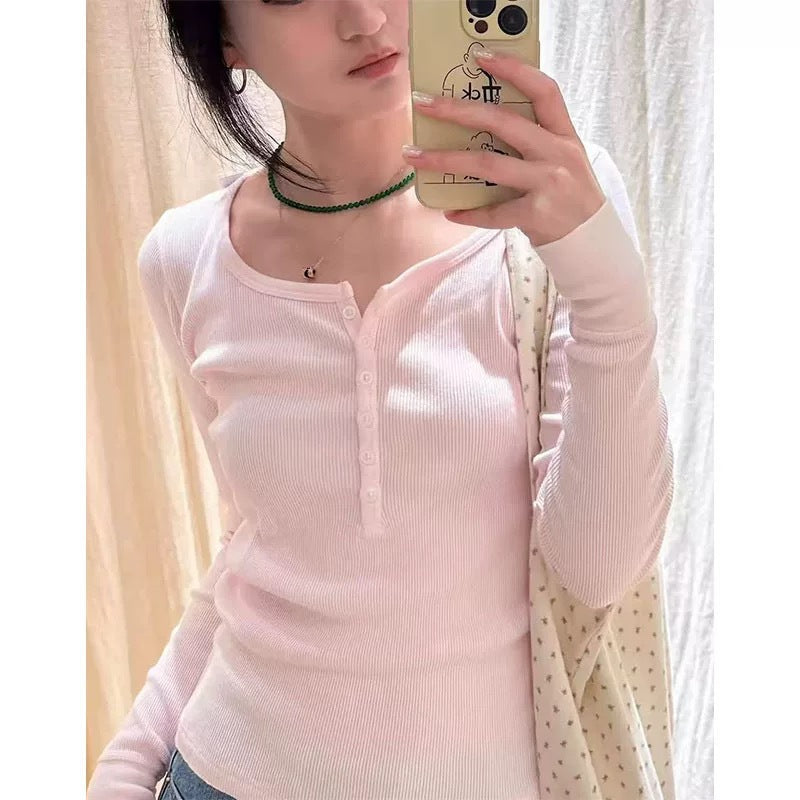 Damen Langarmshirt mit Knopfleiste und feiner Rippstruktur Drune