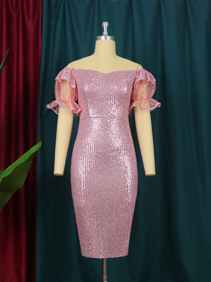 Damen Glitzerndes Cocktailkleid mit schulterfreiem Design und voluminösen Puffärmeln Drune