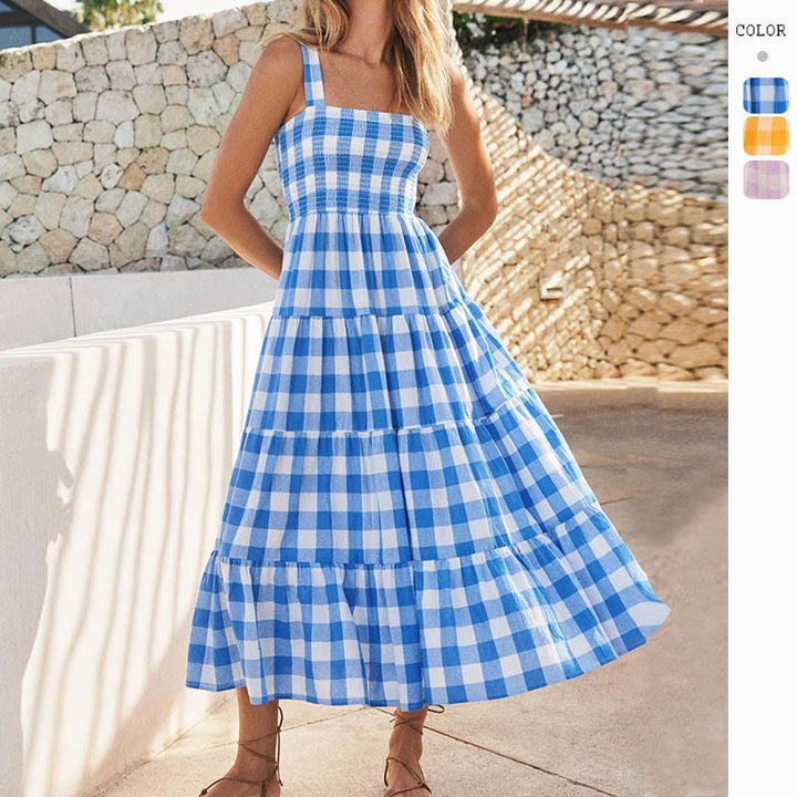 Damen Sommerliches Maxikleid mit kariertem Design und Trägern Drune