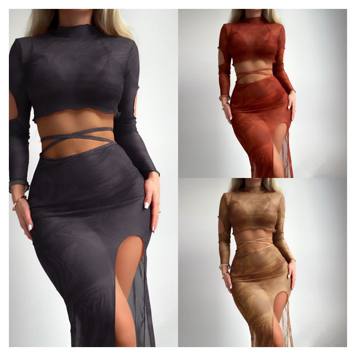 Damen Elegantes und transparentes Zweiteiler-Outfit mit hoch geschnittenem Rock Drune