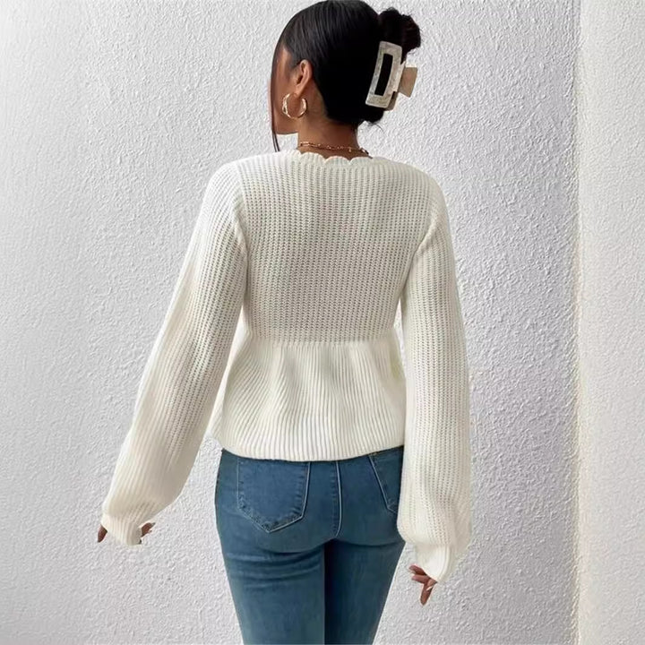 Damen Strickpullover mit dekorativem Rundhalsausschnitt und Kordelzug Drune