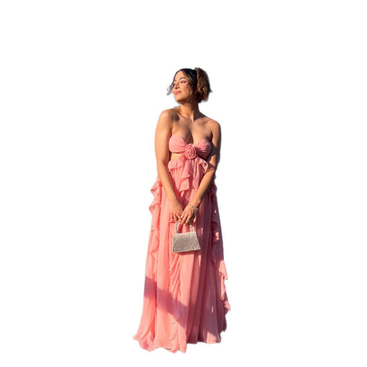 Damen luftiges Sommerkleid mit Rüschendetails und schulterfreiem Design Drune