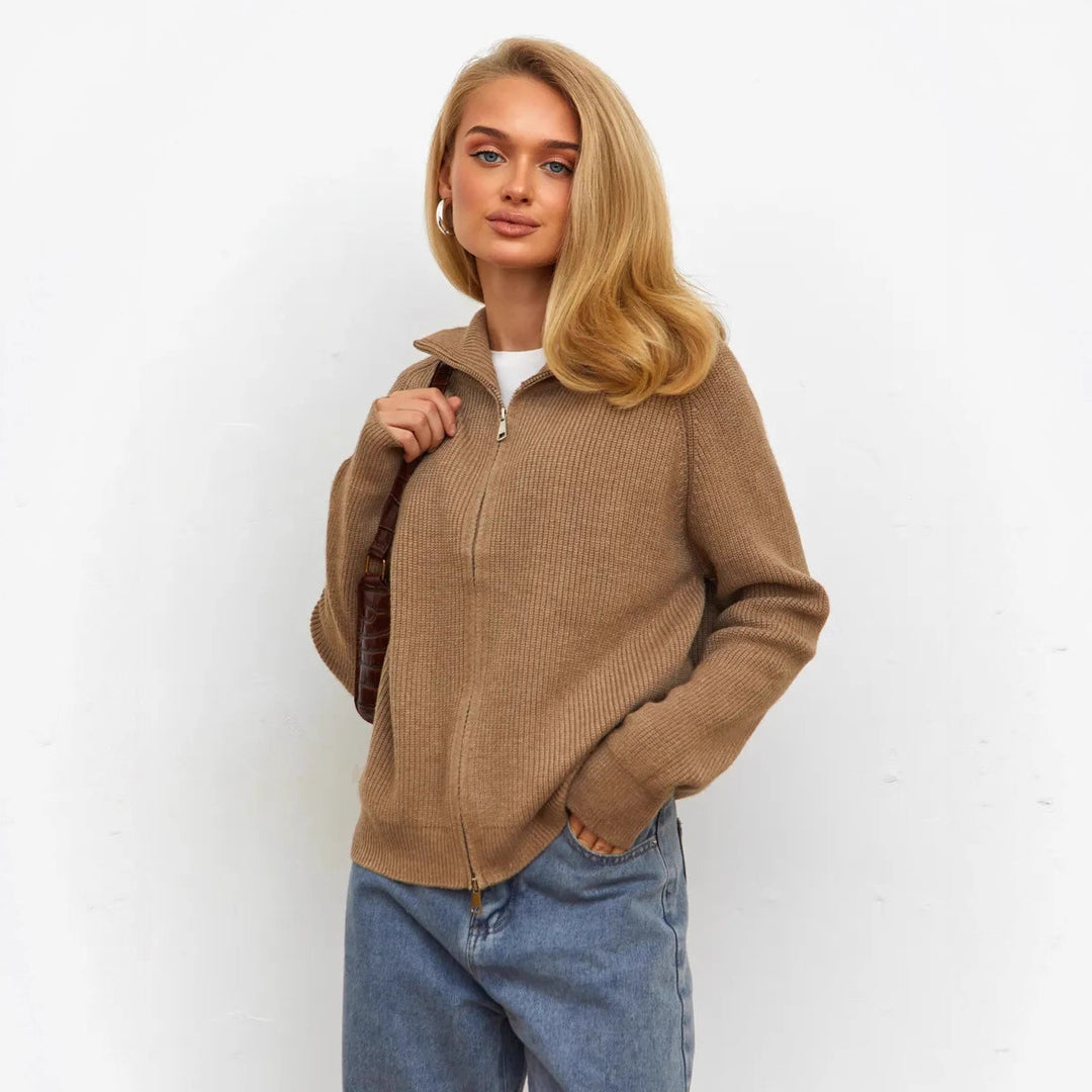 Damen modischer Grobstrickpullover mit hohem Kragen und durchgehendem Reißverschluss Drune