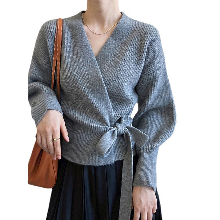 Damen Wickelpullover mit breiten Ärmeln und Taillengürtel Drune