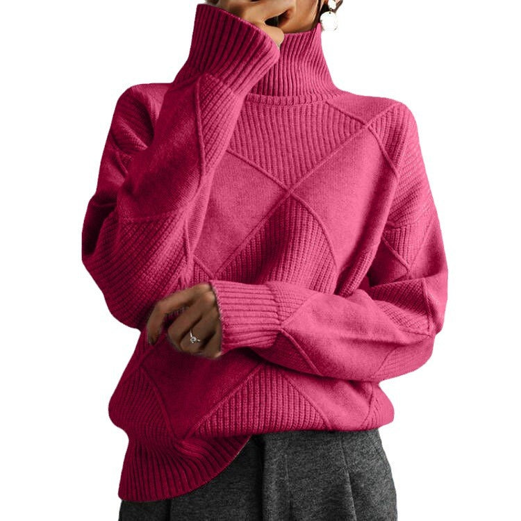 Damen nan weit geschnittener Strickpullover mit hohem Rollkragen und Rautenmuster Drune