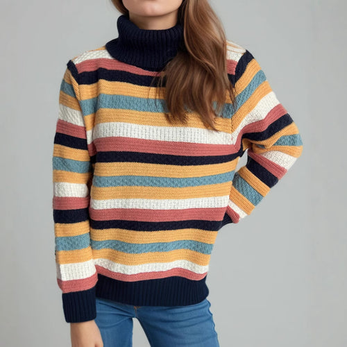 Damen gestreifter Rollkragenpullover mit lässigem Schnitt und weicher Textur Drune