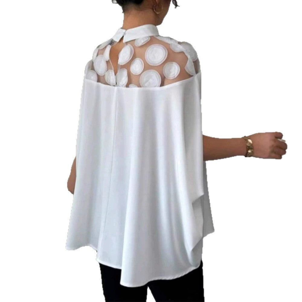 Damen nan elegante Tunika-Bluse mit Stehkragen, transparenter Rund-Applikationspasse und Cape-Ärmeln Drune