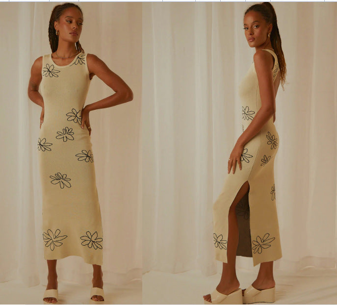 Damen Blumen Strickkleid mit schmalem Schnitt und ärmellosem Design Drune