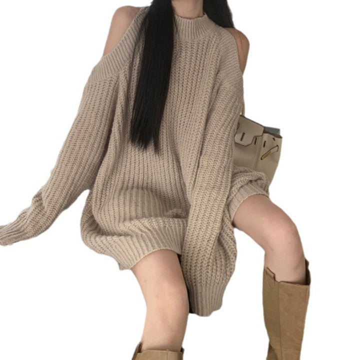 Damen Strickkleid mit schulterfreier Optik und Rippstruktur Drune