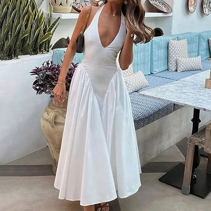 Damen Elegantes Abendkleid mit tiefem V-Ausschnitt und weit schwingendem Rock Drune