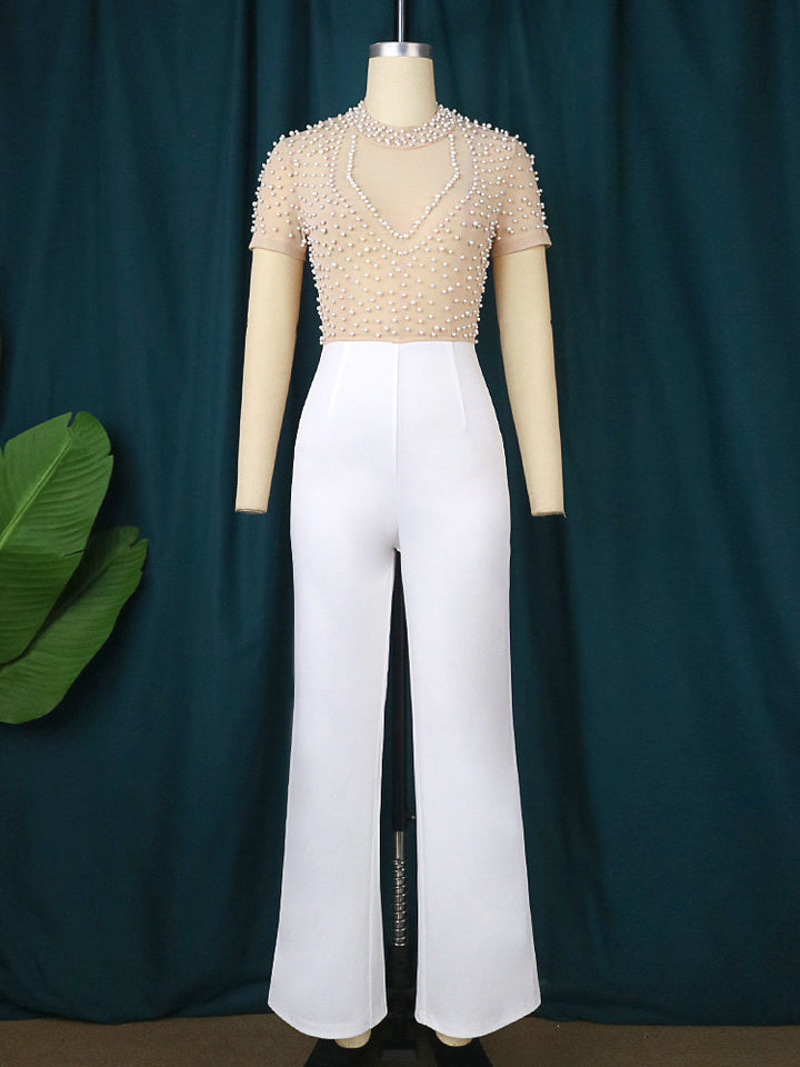 Damen eleganter Jumpsuit mit glitzernden Perlenakzenten Drune