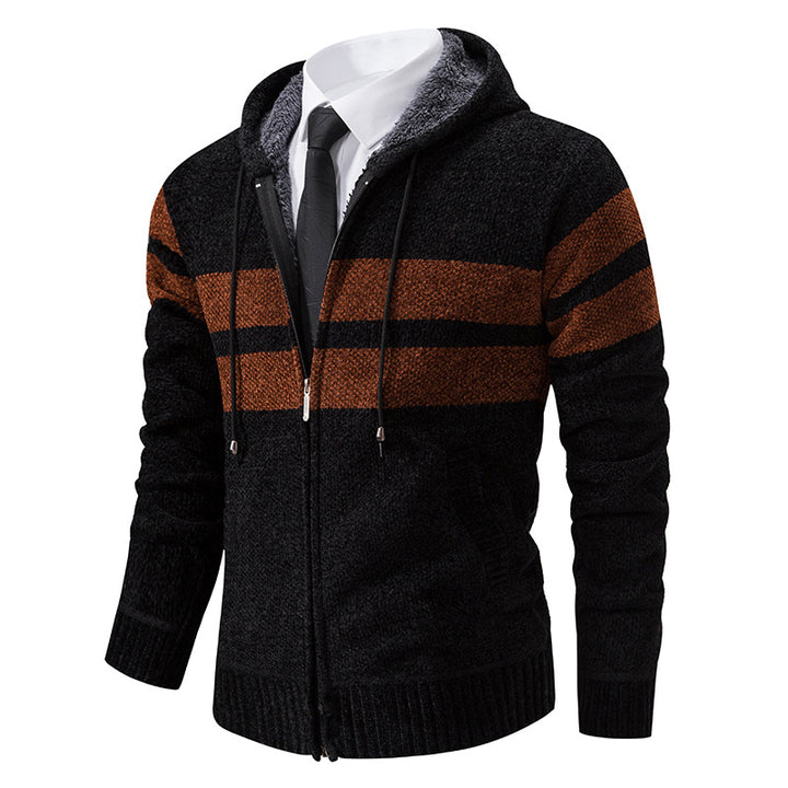 Herren nan gestrickte Kapuzenjacke mit Teddyfutter, verdecktem Reißverschluss und kontrastreifen Drune