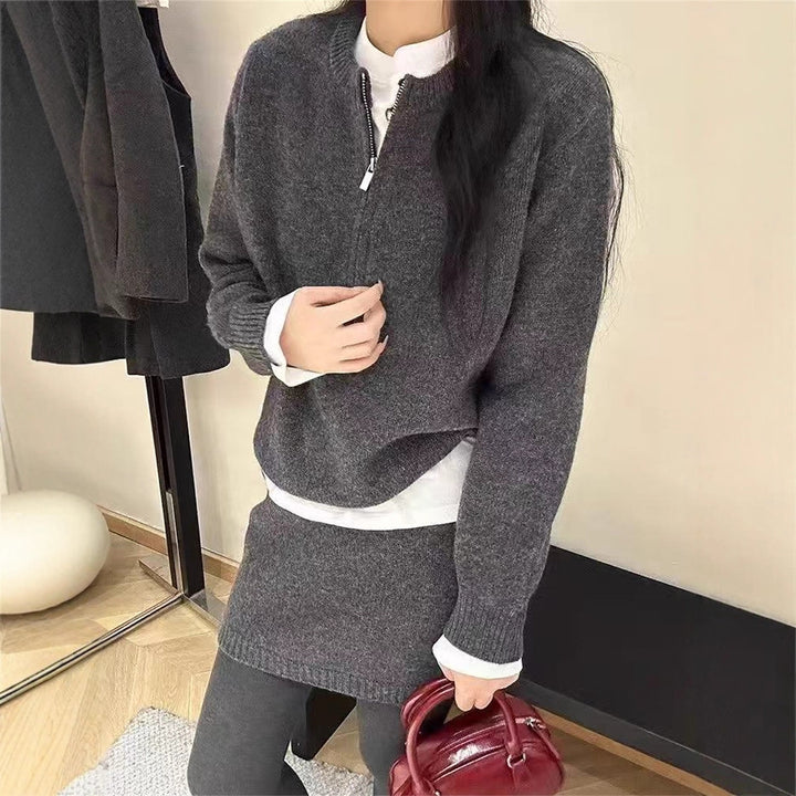 Damen modisches Strickpullover-Kleid mit hohem Kragen und Reißverschluss Drune