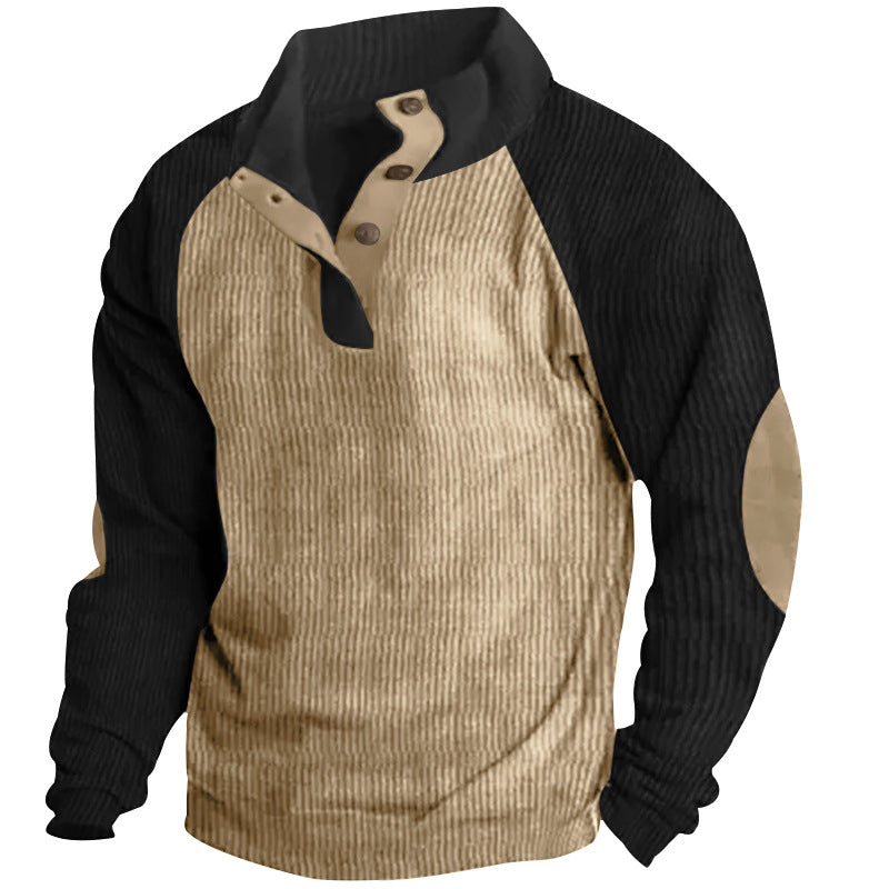 Herren nan strukturiertes Henley-Sweatshirt mit Stehkragen, Raglanärmeln und Ellbogenpatches Drune
