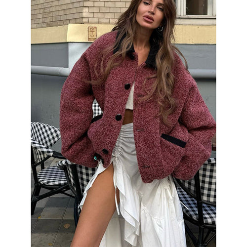 Damen Oversize Strickjacke mit hohem Kragen und Knopfdetails Drune