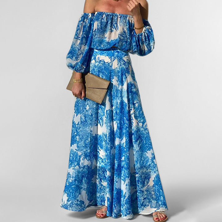 Damen Off-Shoulder Maxikleid mit floralem Druck und weitem Rock Drune