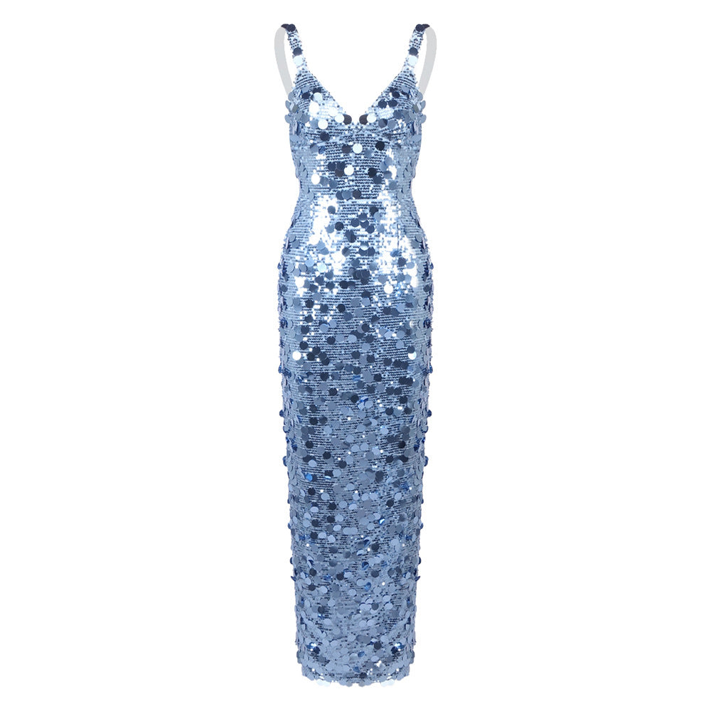 Damen Pailletten Maxikleid mit V-Ausschnitt und schmaler Silhouette Drune