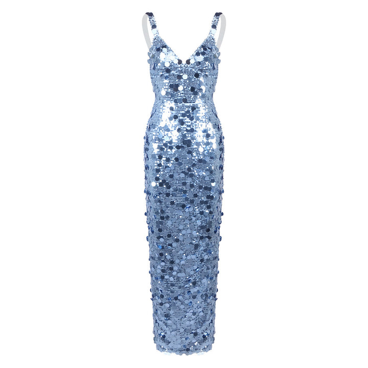 Damen Pailletten Maxikleid mit V-Ausschnitt und schmaler Silhouette Drune