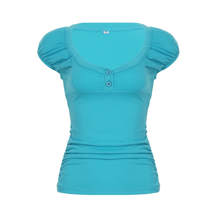 Damen figurbetontes Kurzarmshirt mit Puffärmeln und geschlossenen Knöpfen Drune