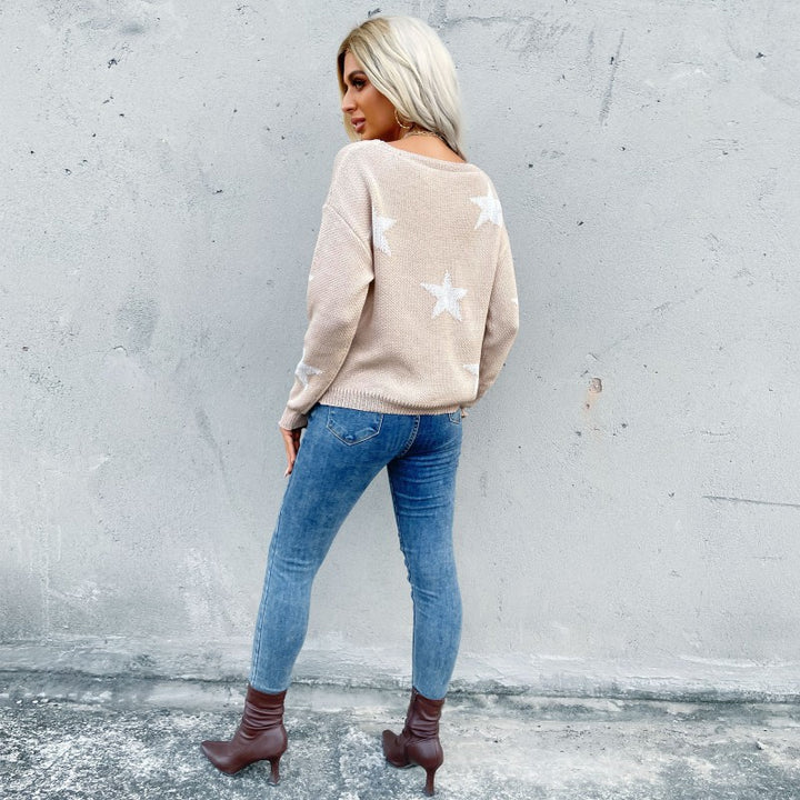 Damen lässiger Strickpullover mit Sternenmotiven und fransigen Säumen Drune