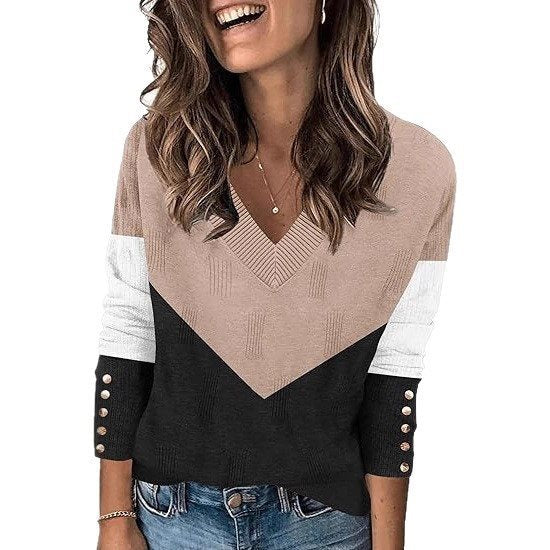 Damen Modischer V-Ausschnitt Pullover mit Farbblock und Knopfdetails Drune