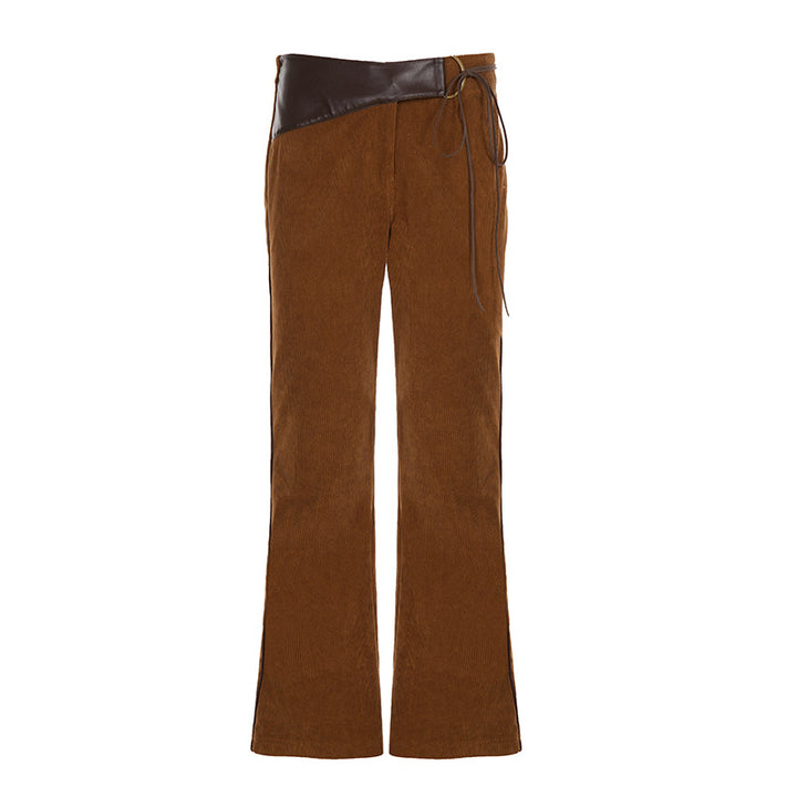 Damen nan ausgestellte Cordhose mit hohem Bund, Lederbesatz und Bindeband Drune