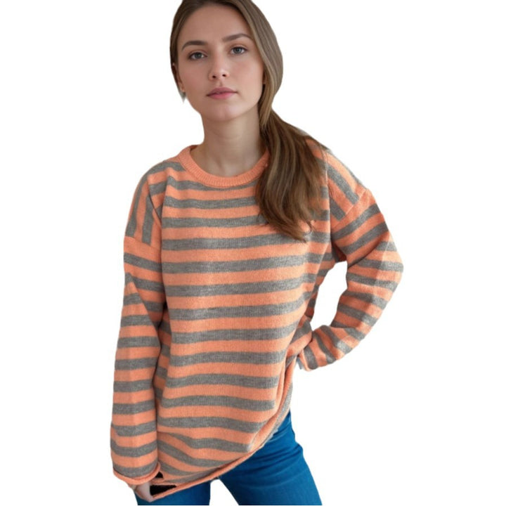 Damen gestrickter Oversized-Pullover mit lässigem Streifenmuster Drune