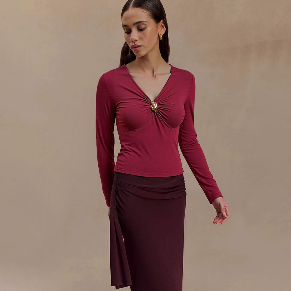 Damen Oberteil mit raffiniertem Knotendetail und elegantem V-Ausschnitt Drune