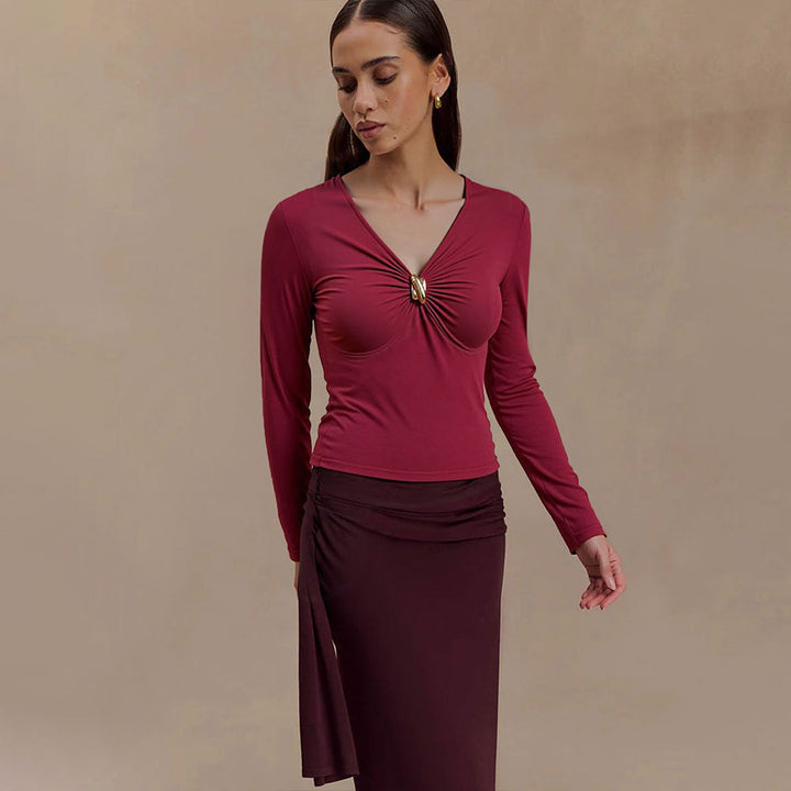Damen Oberteil mit raffiniertem Knotendetail und elegantem V-Ausschnitt Drune