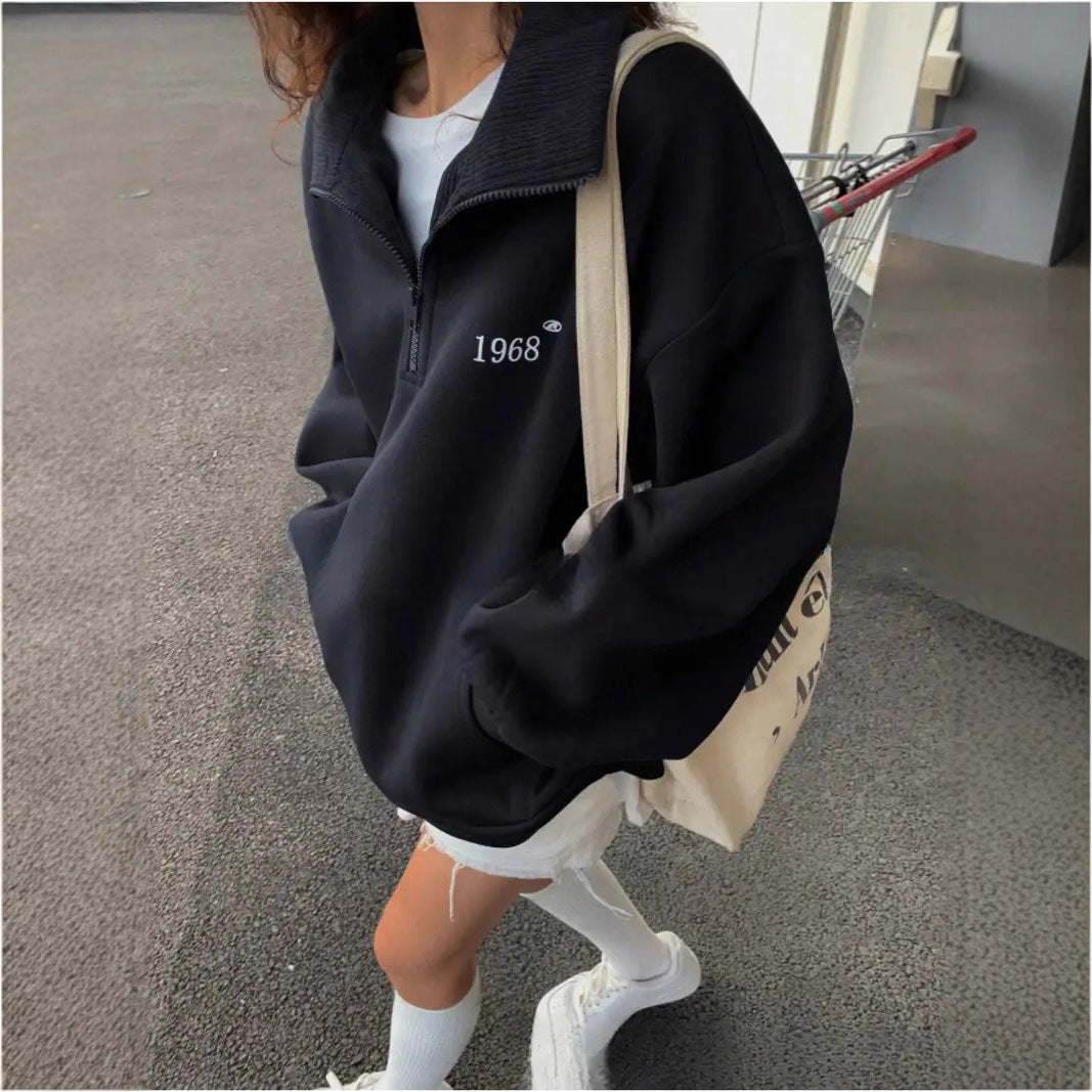 Damen nan oversized Halbzip-Sweatshirt mit hohem Stehkragen, Kängurutasche und lässigem Oversize-Schnitt Drune