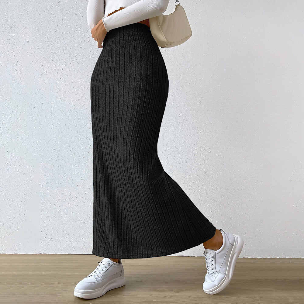 Damen Langer Strickrock mit diagonalen Rippen und hohem Bund Drune