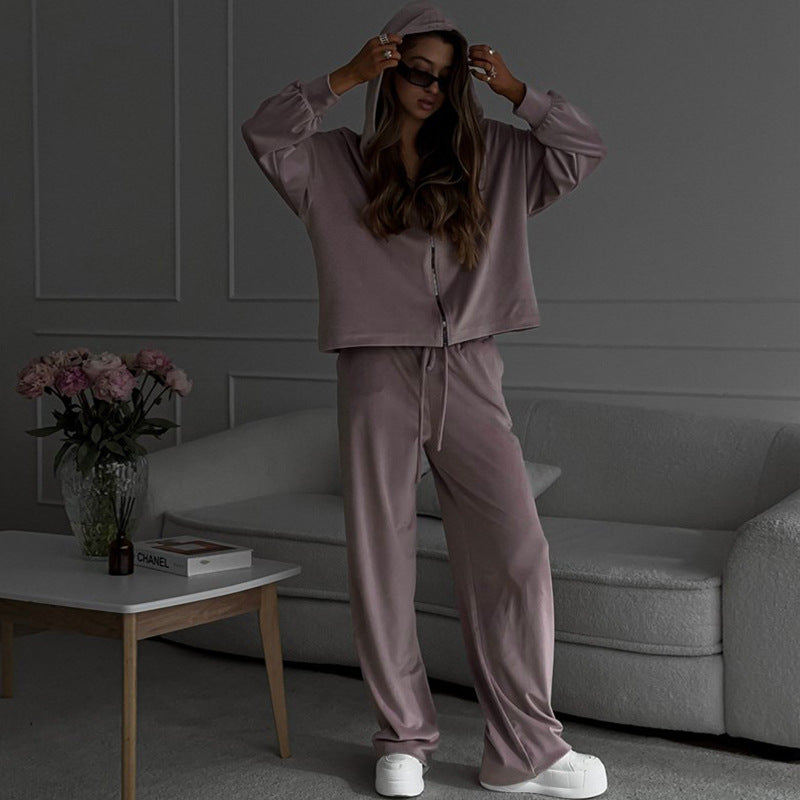 Damen nan luxuriöses Velours-Zweiteiler Set mit kurzem Reißverschluss-Hoodie und weiten Highwaist-Loungehosen Drune