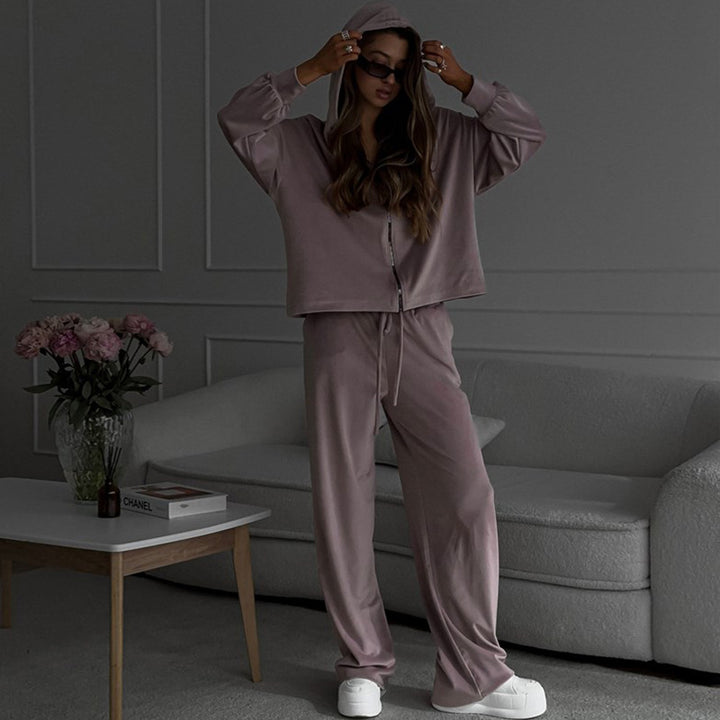 Damen nan luxuriöses Velours-Zweiteiler Set mit kurzem Reißverschluss-Hoodie und weiten Highwaist-Loungehosen Drune