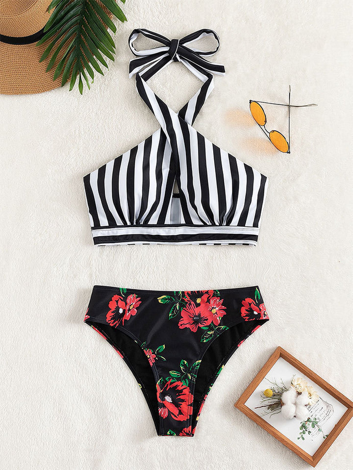 Damen Hochgeschnittener Bikini mit floralem Design und trendigem Wickeloberteil Drune