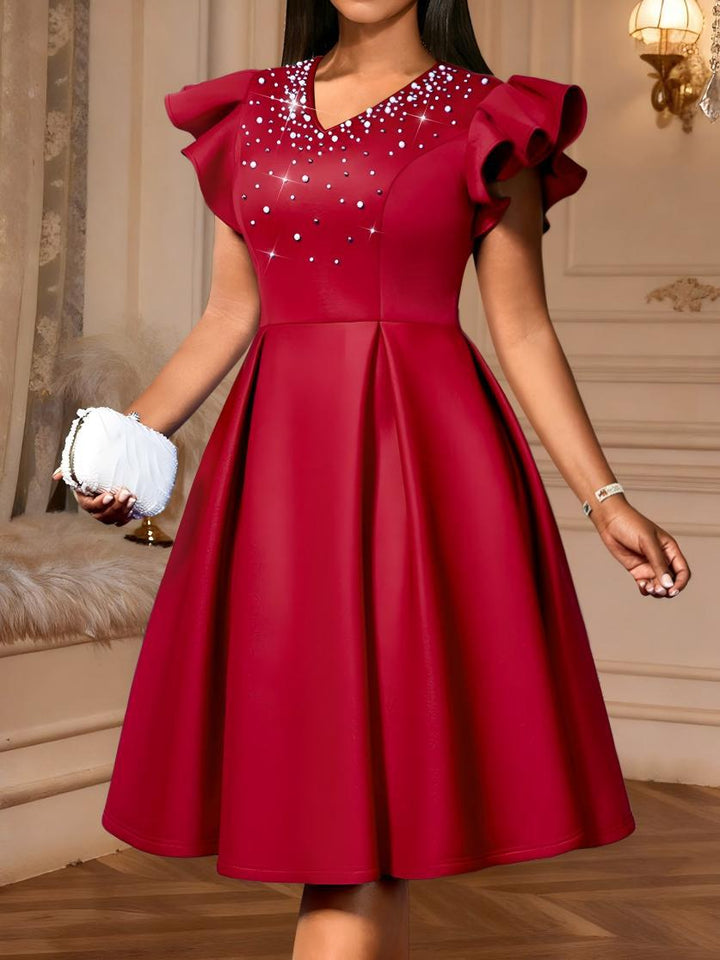 Damen Elegantes Kleid mit funkelndem Strass-Besatz und voluminösen Ärmeln Drune