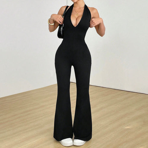 Damen Jumpsuit mit tiefem V-Ausschnitt und weit geschnittenem Bein Drune