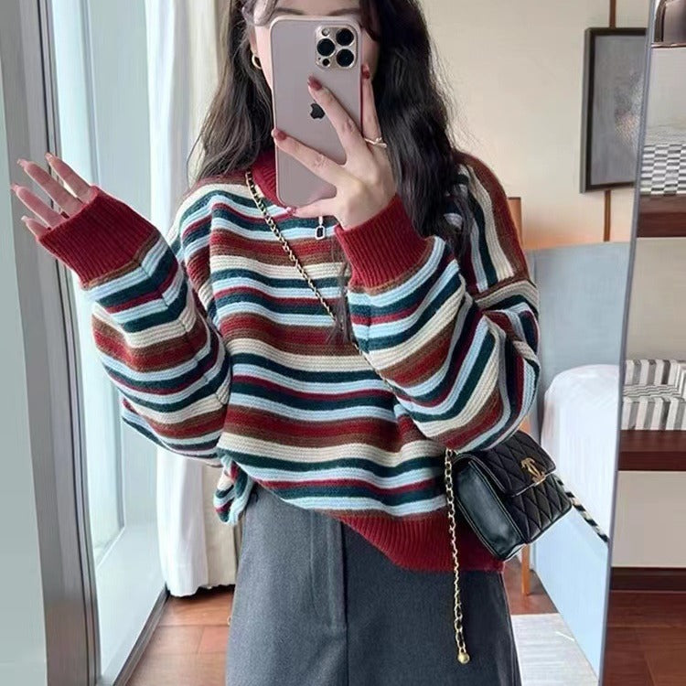 Damen gestreifter Pullover mit weitem Schnitt und modischen Details Drune