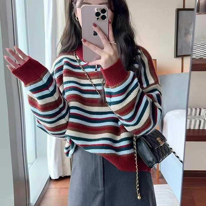 Damen gestreifter Pullover mit weitem Schnitt und modischen Details Drune