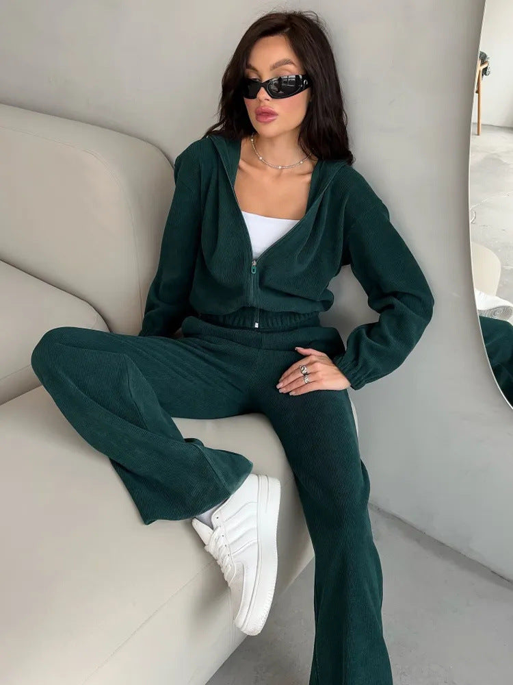 Damen nan kurzes Kapuzen-Loungewear-Set mit durchgehendem Reißverschluss, elastischem Komfortbund und gerippter Struktur Drune