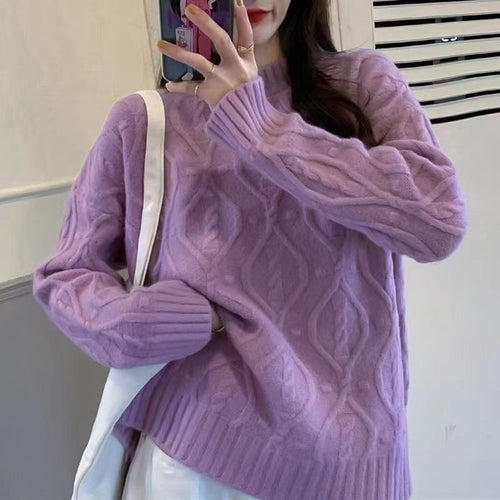 Damen gemütlicher Grobstrickpullover mit Zopfmuster und hohen Bündchen Drune