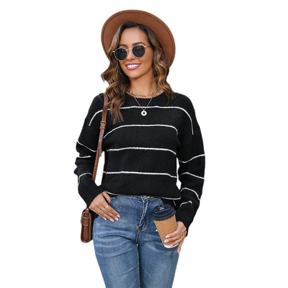 Damen lässiger Strickpullover mit gestreiftem Muster und weitem Schnitt Drune