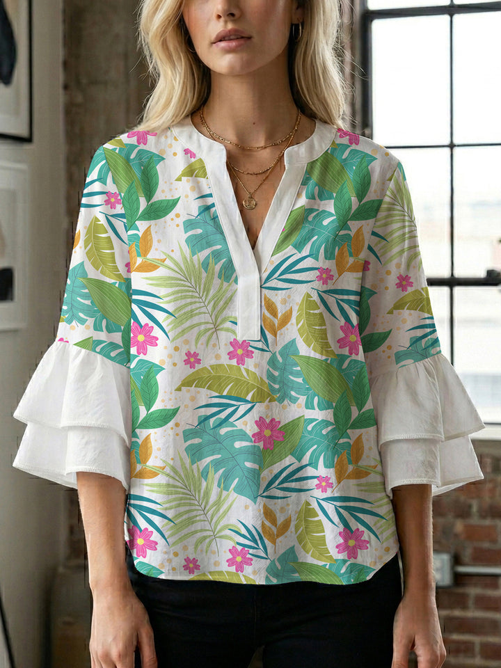 Damen Bluse mit voluminösen Rüschenärmeln und modernem Motiv Drune