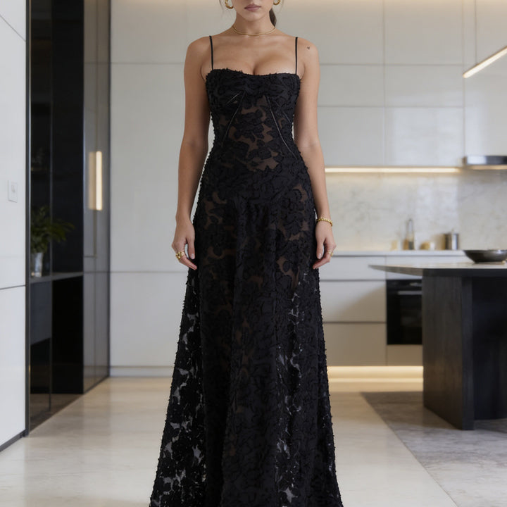 Damen Elegantes Abendkleid mit floralem Oberteil und schmalen Spaghetti-Trägern Drune