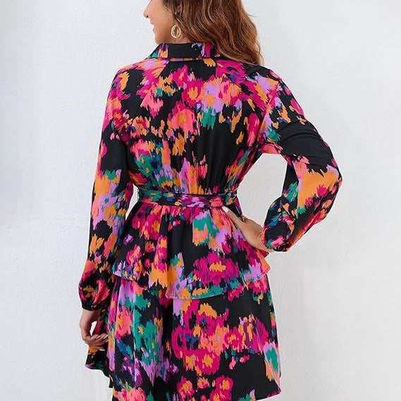 Damen Blusenkleid mit floralem Muster und Bindegürtel Drune