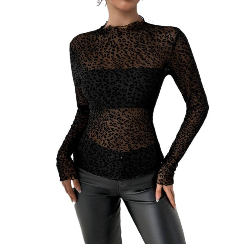 Damen Transparente Langarmbluse mit Animalprint Drune
