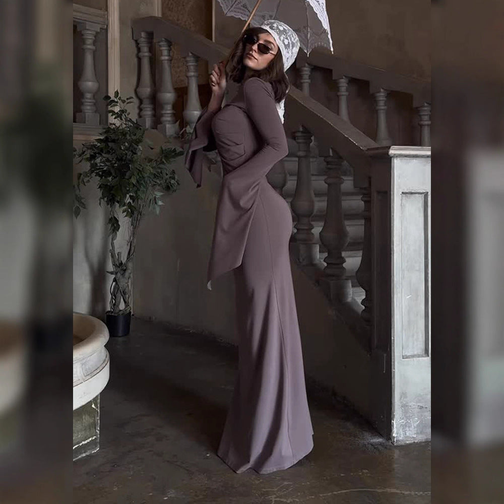 Damen elegantes Maxi-Kleid mit schwingenden Ärmeln und raffinierten Drapierungen Drune