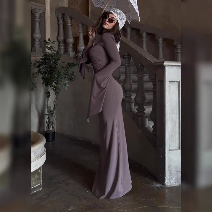 Damen elegantes Maxi-Kleid mit schwingenden Ärmeln und raffinierten Drapierungen Drune