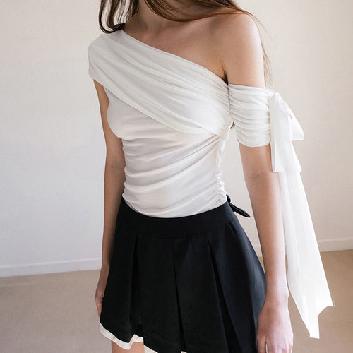 Damen Off-Shoulder Oberteil mit Rüschendetails und transparentem Ärmel Drune